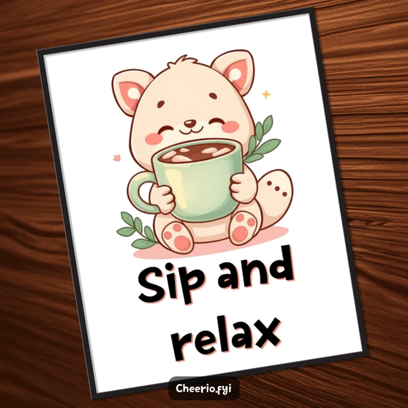 Funny poster print of a friendly animal character offering a steaming cup of cocoa, inviting warmth and relaxation.