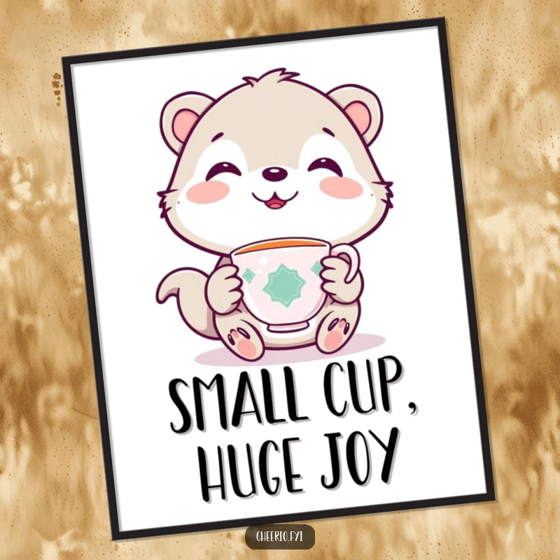 Funny poster print of a cute animal holding a tiny teacup, with a warm, inviting smile.