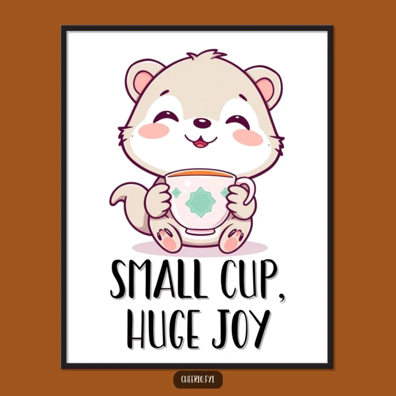 Funny Cute Animal Poster: Art Print of Smiling Animal with Teacup, Charming Funny Gift