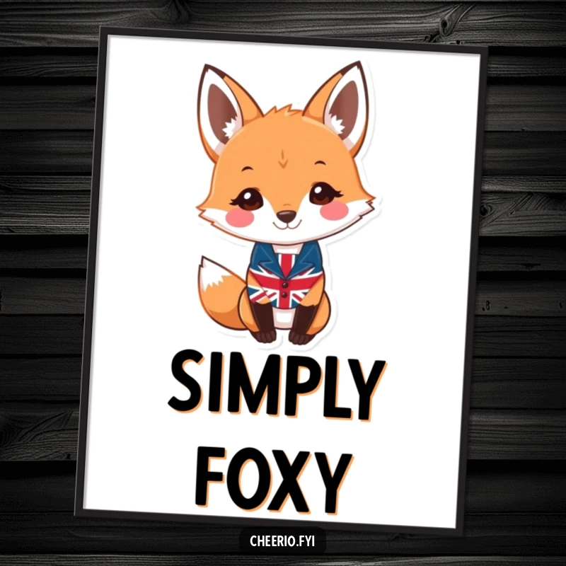 Funny fox poster depicting a smiling fox wearing a miniature Union Jack waistcoat, adding dapper charm.