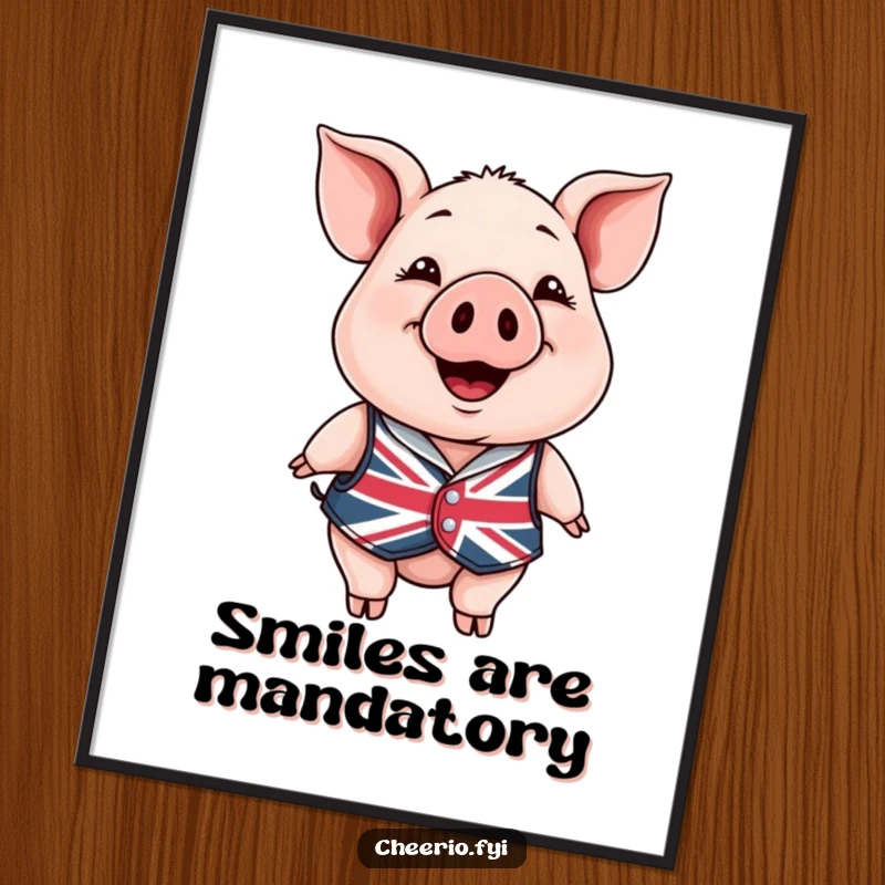 Funny Poster: A happy pig in a Union Jack waistcoat offering a warm smile, a cheerful and humorous piece of wall art.
