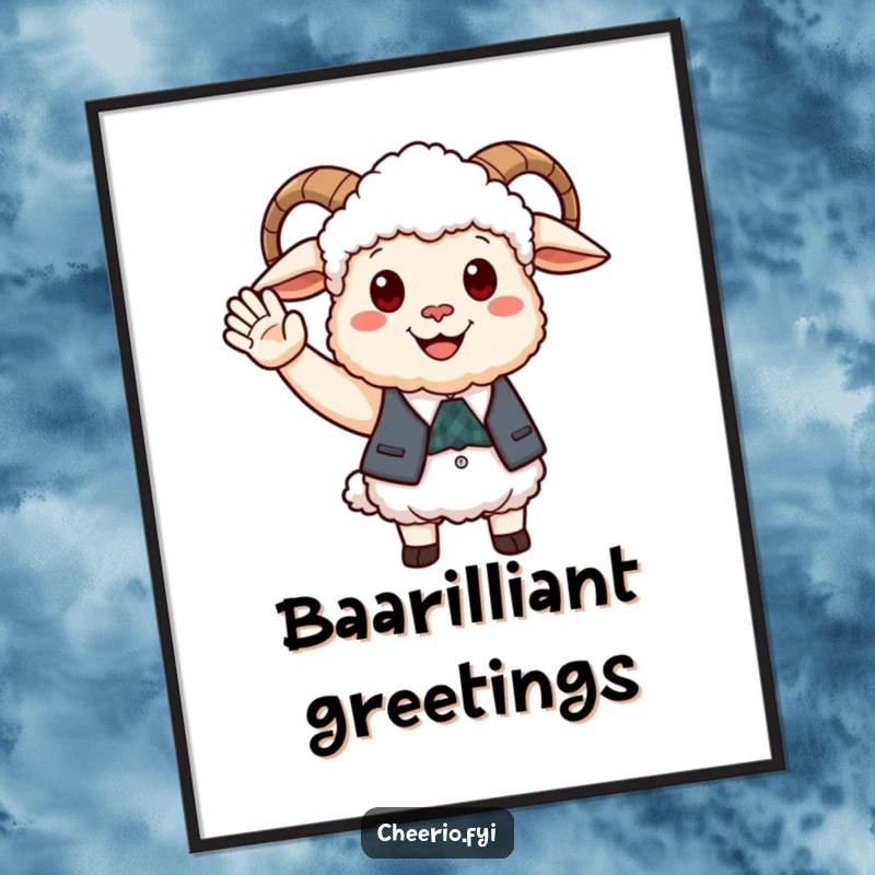 Funny happy sheep wearing a smart waistcoat offering a friendly wave, cheerful wall art.