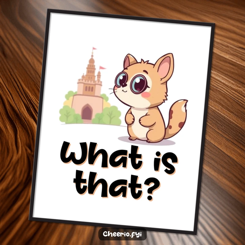 Funny curious animal wearing a monocle peers at a distant landmark on a poster, witty wall art.