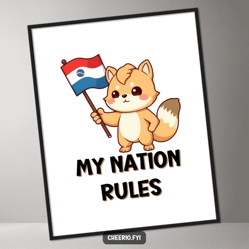 Funny poster art of a proud, determined animal character gesturing towards a stylized flag, conveying national pride.