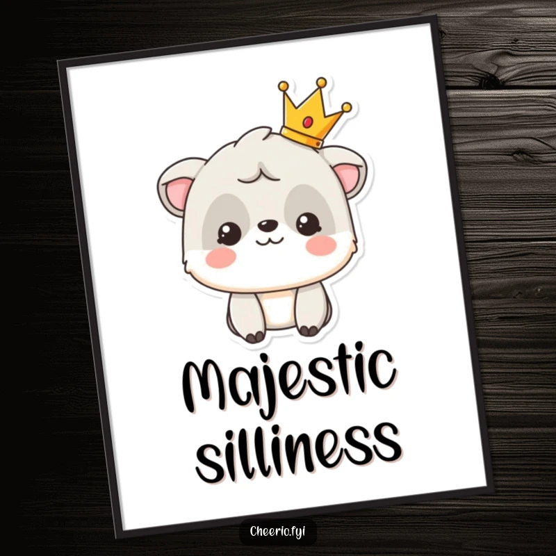 Funny poster print of a smiling animal character proudly displaying a tiny crown, looking majestic.
