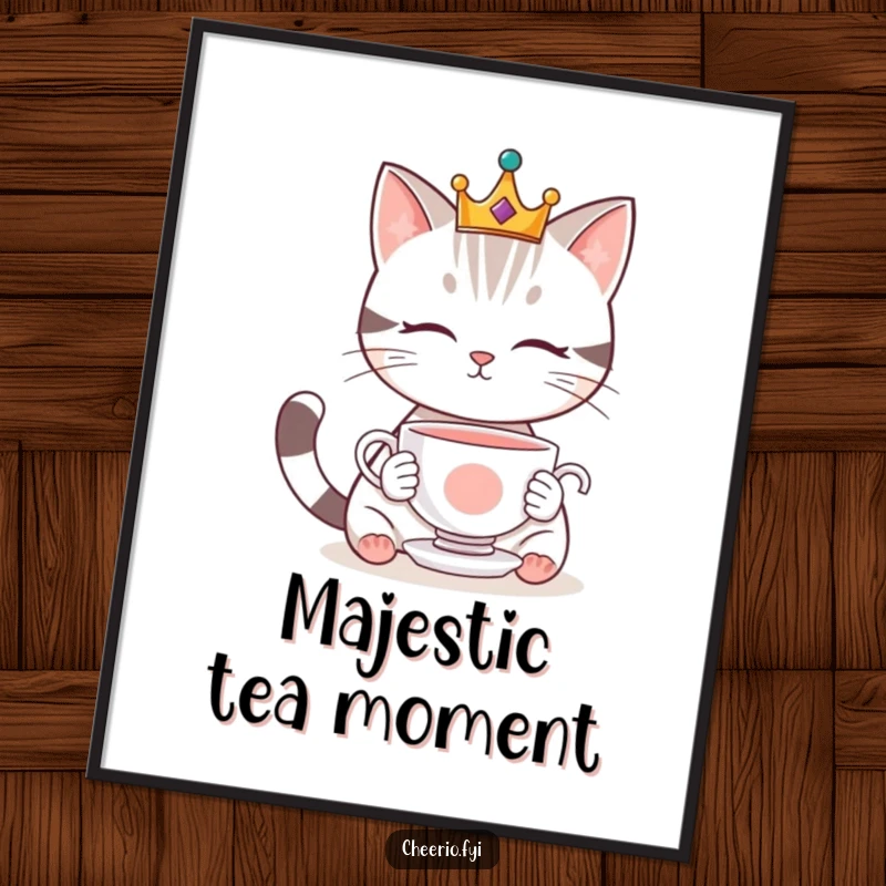 Funny poster of a cute cat wearing a crown, gazing at a teacup suspended magically in mid-air, creating a whimsical scene.
