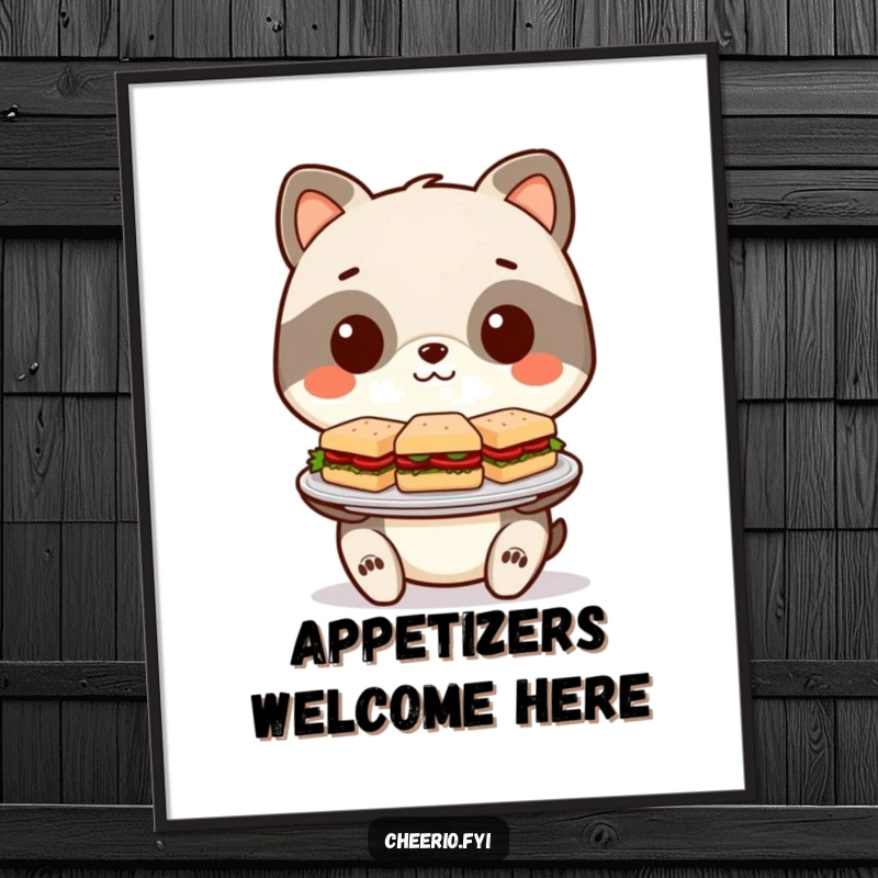 Funny Poster: A stylized animal gleefully offers a miniature plate of exquisitely crafted sandwiches, humorous art.