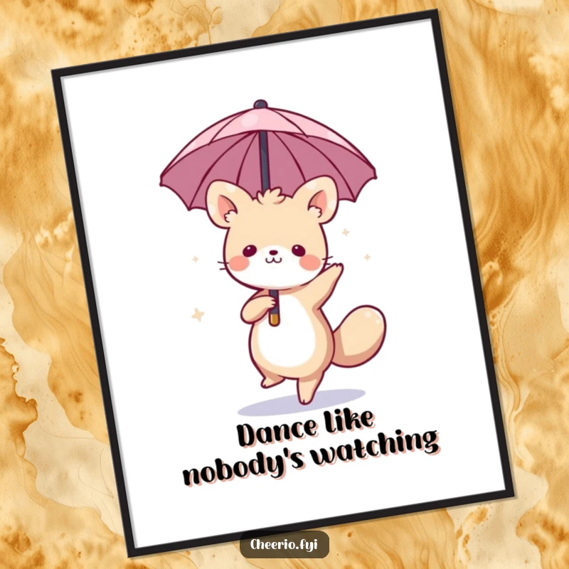 Funny poster showcasing a whimsical animal dancing with a miniature umbrella, adding playful charm and humor to wall decor, perfect funny gift.