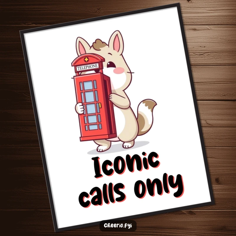 Funny poster showcasing a proud animal character next to a red telephone box, bringing iconic British humor and charm to wall decor, perfect funny gift.