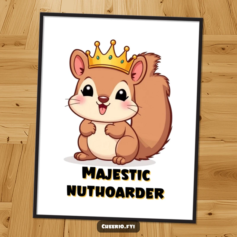 Funny squirrel wearing a majestic tiny crown, displayed as vibrant wall art. A humorous and regal funny gift.