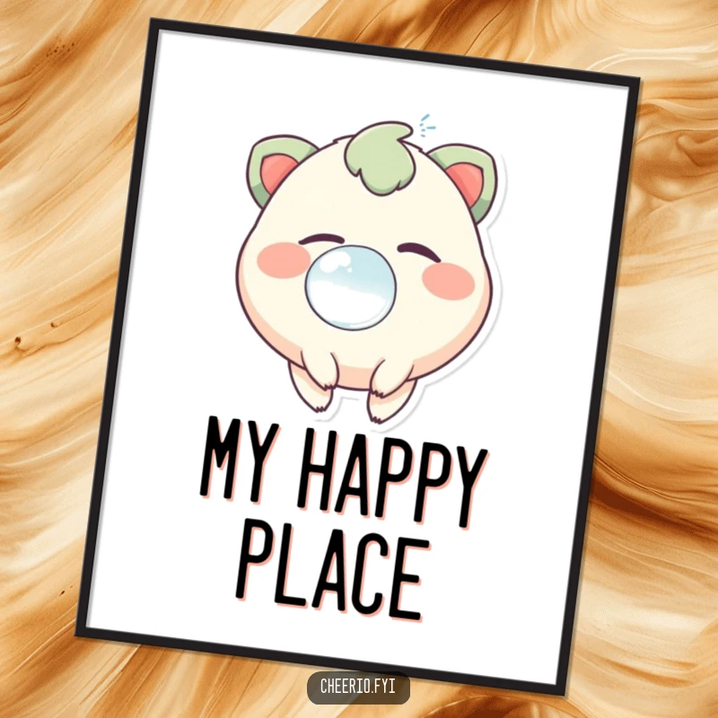 Funny poster featuring a whimsical creature with a bright twinkle, blowing a large, translucent, joyful bubble.