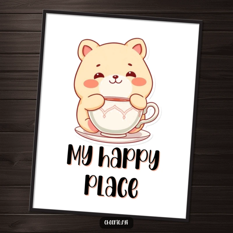 Funny Chubby Cat Poster: Artwork of a chubby cat character delighted with a teacup, perfect for cozy decor, funny gift.