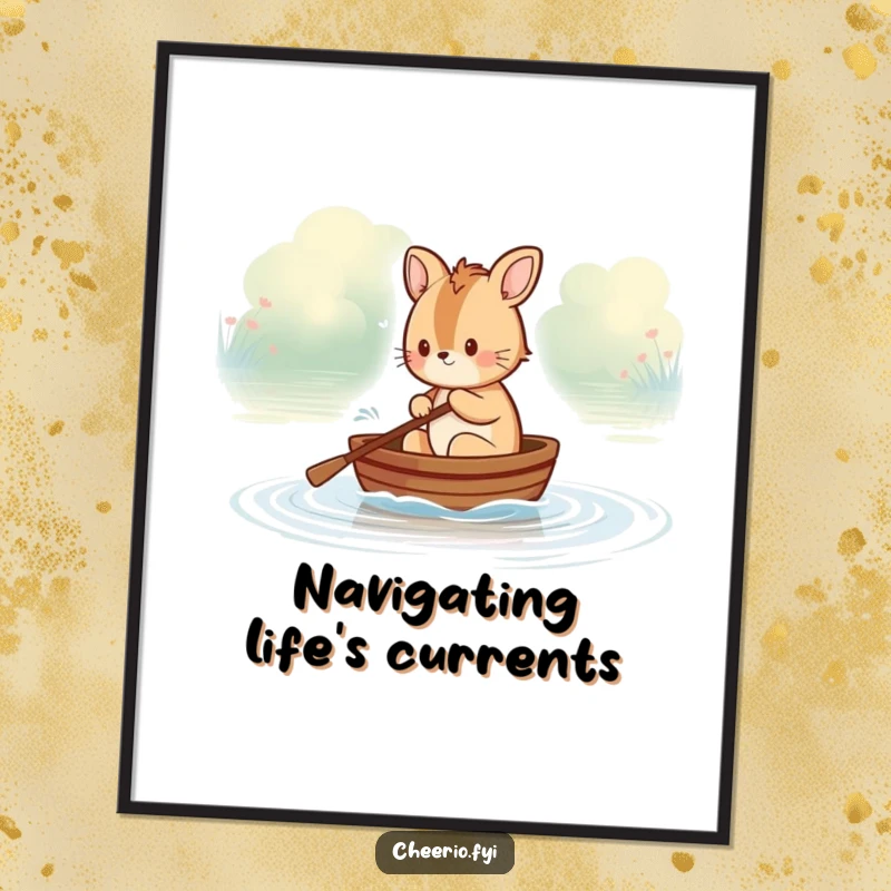 Funny British animal character rowing a tiny boat on a calm river, a whimsical poster print, ideal for humorous wall decor.