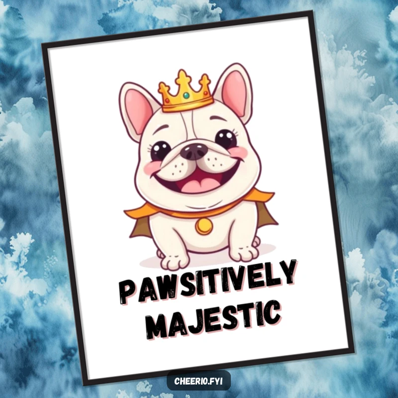 Funny cheerful bulldog wearing a tiny crown and regal cape smiling, a regal wall art poster.