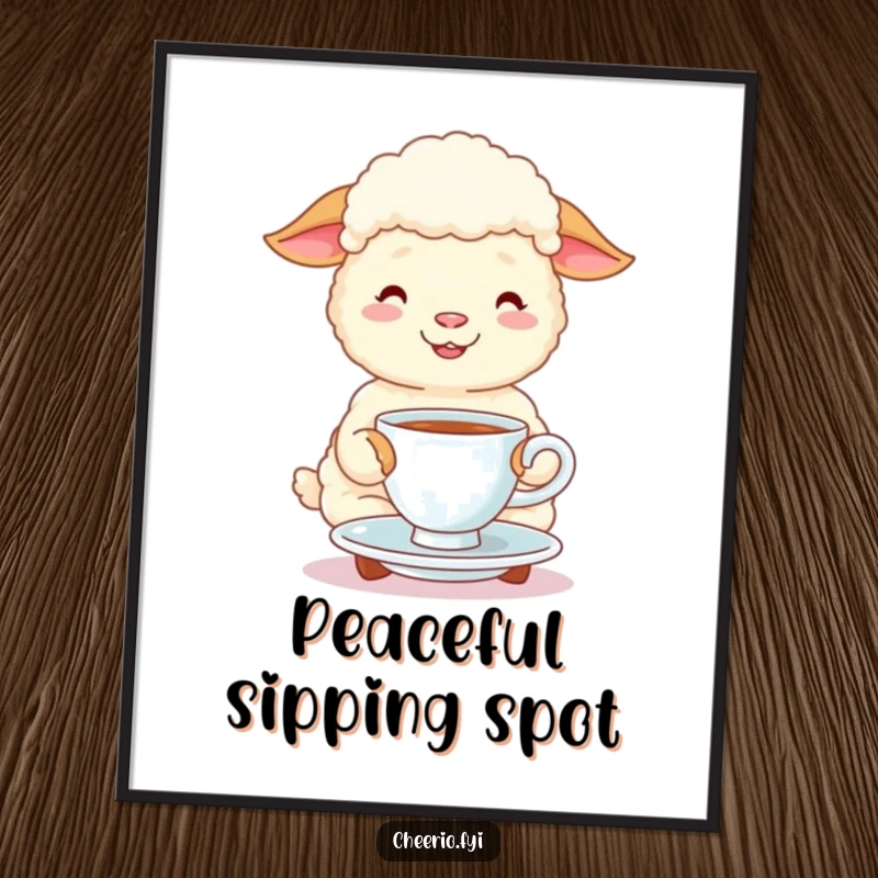 Funny happy sheep sips merrily from a tea cup and saucer on a whimsical poster, cute animal art.