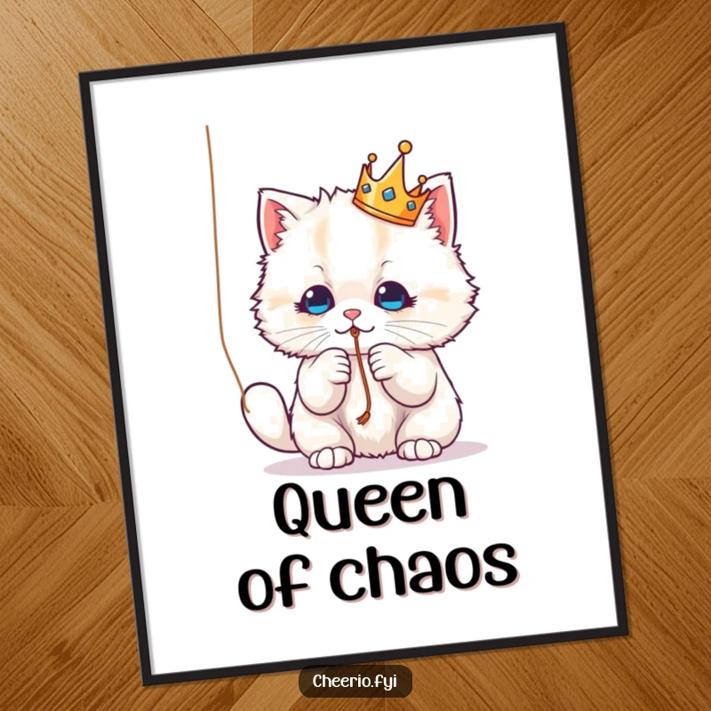 Funny Poster: A fluffy cat in a crown, playfully batting a string, a charming and humorous piece of wall art.