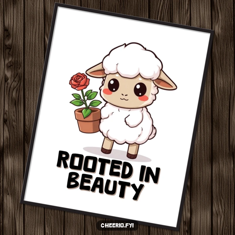 Funny Sheep Poster: A determined sheep carries a potted rose, bringing a peaceful and humorous vibe to any room. Excellent funny gift.