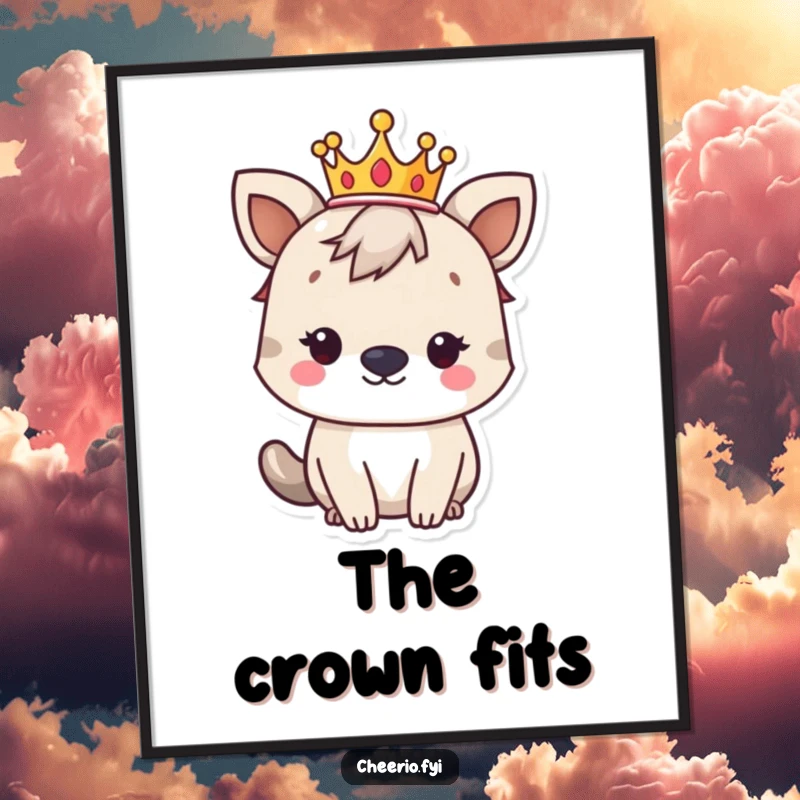 Funny British animal character adorned with a small crown, looking regal and distinguished, presented as charming wall art.