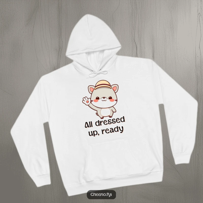Funny hoodie depicting a cheerful animal character wearing a tiny bowler hat and giving a jaunty wave. Perfect for cozy, stylish days.