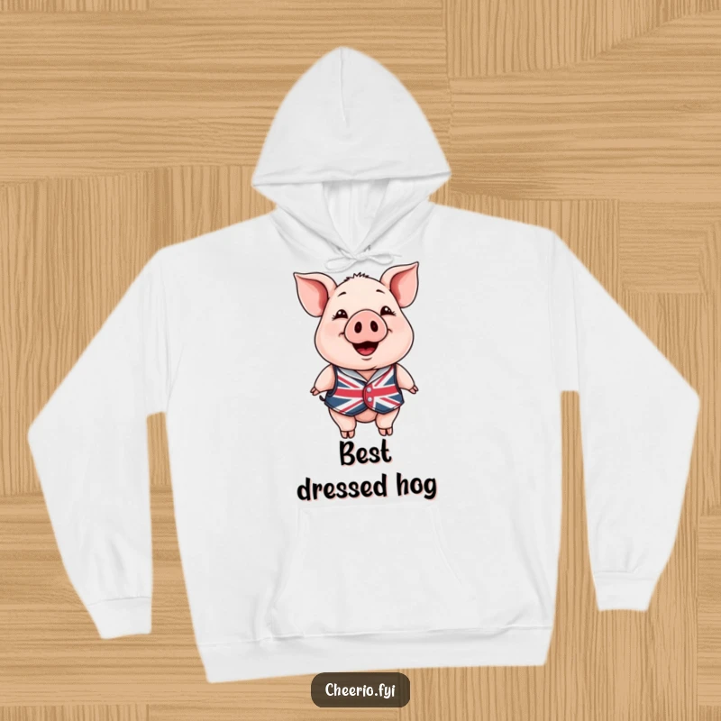 Funny Hoodie: A happy pig in a Union Jack waistcoat smiling warmly, offering cozy comfort and cheerful humor.