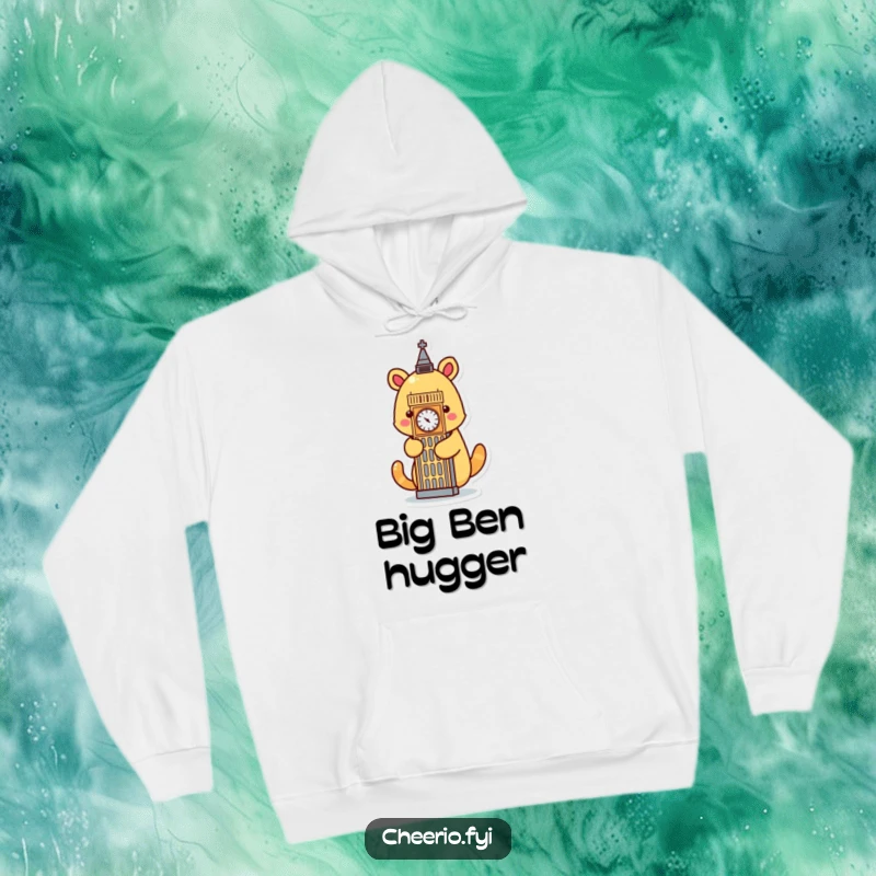 Funny cartoon animal embracing a stylized Big Ben icon, featured on a cozy and humorous hoodie.