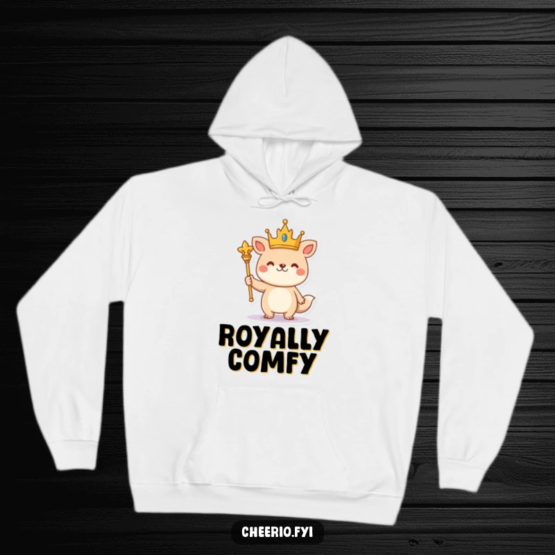Funny cheerful animal wearing a crown and holding a scepter stands proudly on a soft hoodie.