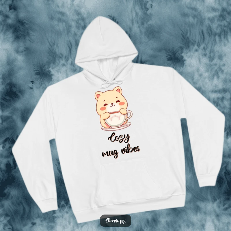 Funny Chubby Cat Hoodie: A chubby cat character delighted with a teacup, perfect for cozy tea time, funny gift.