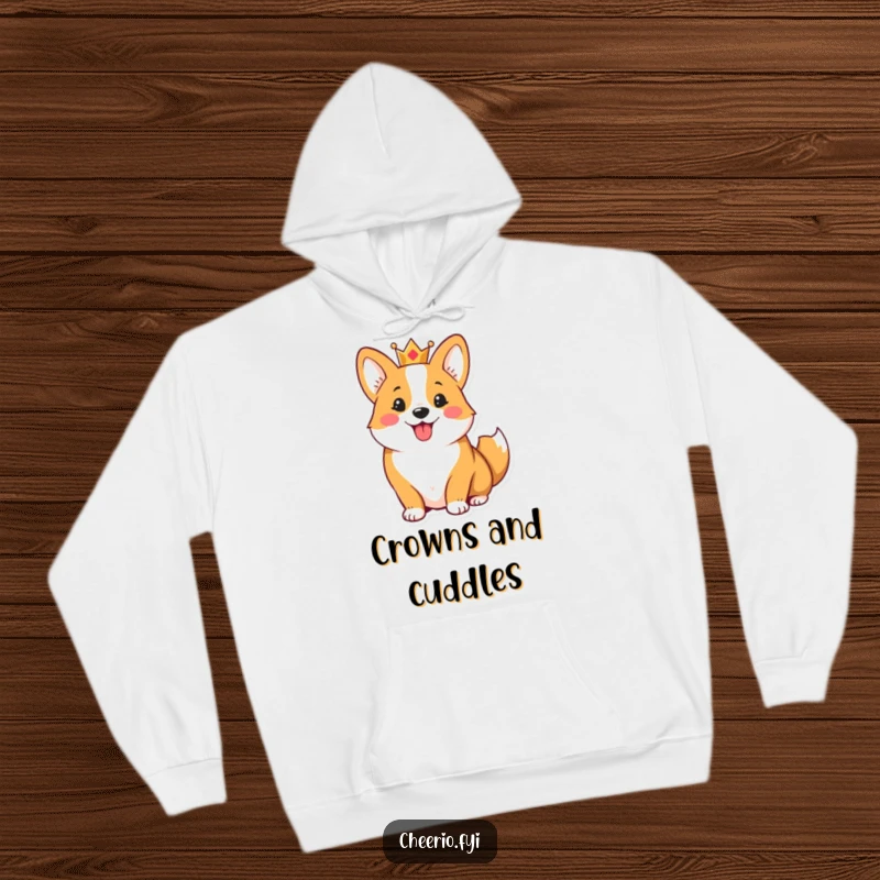 Funny hoodie showcasing a cheerful corgi wearing a small crown and wagging its tail, offering cozy royal dog vibes.
