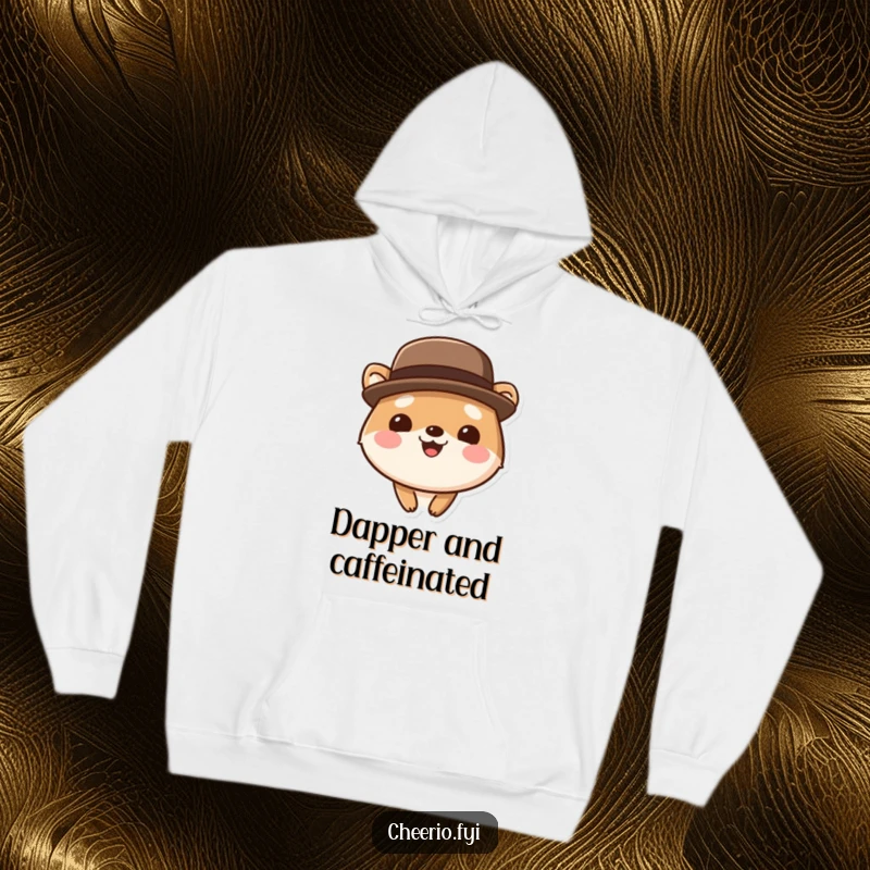 Funny cute animal hoodie wearing a bowler hat, smiling broadly, offering a blend of comfort and dapper style.