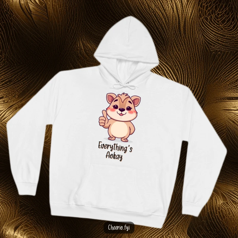 Funny British animal character giving a polite thumbs-up with a smile, featured on a cozy and humorous hoodie.