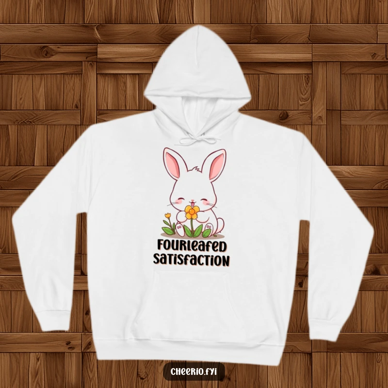 Funny content rabbit with perked ears nibbling a clover, featured on a comfortable hoodie. A delightful funny gift.