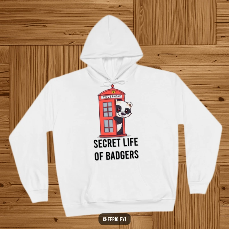 Funny badger hoodie with a curious animal peeking from a red UK telephone box, offering warmth and a touch of British whimsy.