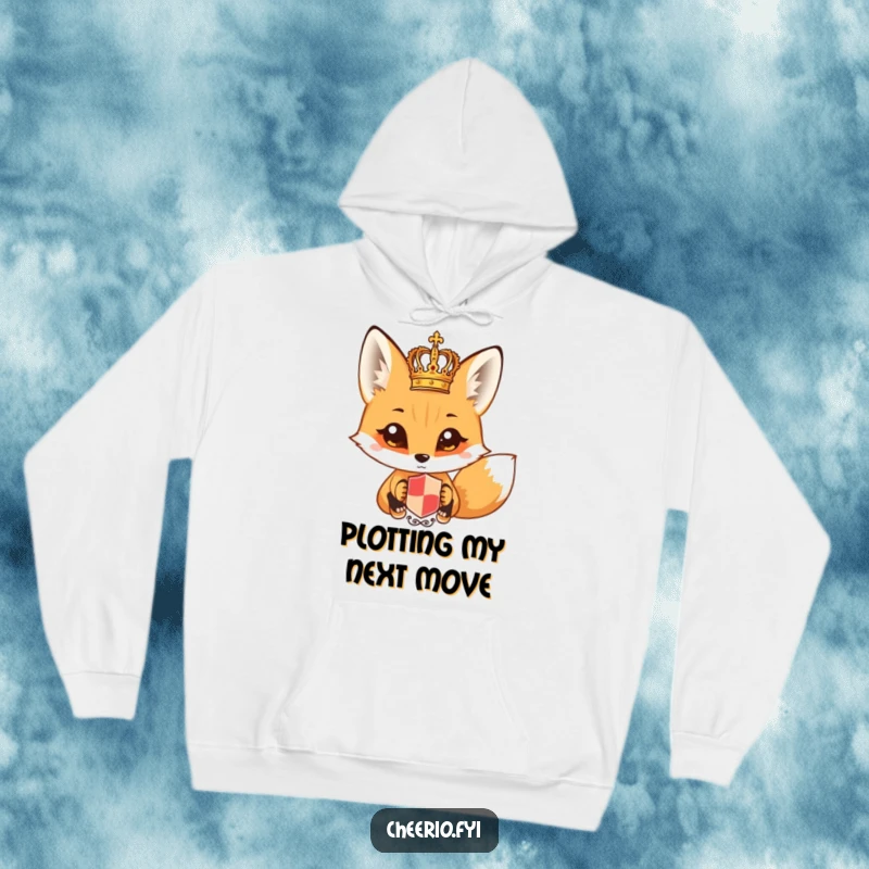 Funny fox with wide, curious eyes looking at a miniature royal crest on a cozy hoodie. A warm funny gift.