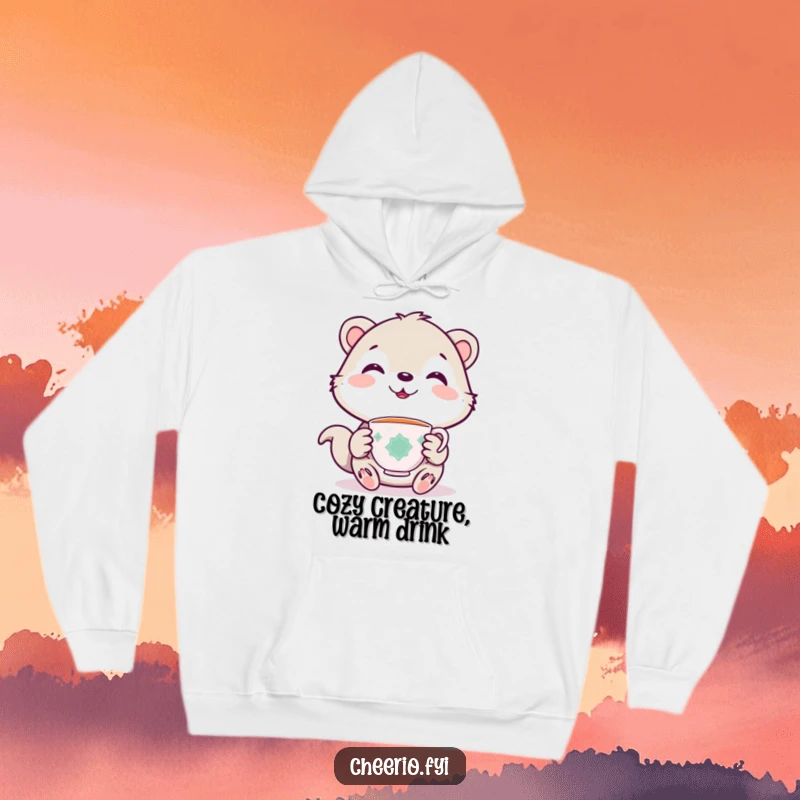 Funny hoodie showcasing a cute animal character holding a miniature teacup, with a warm, gentle smile.