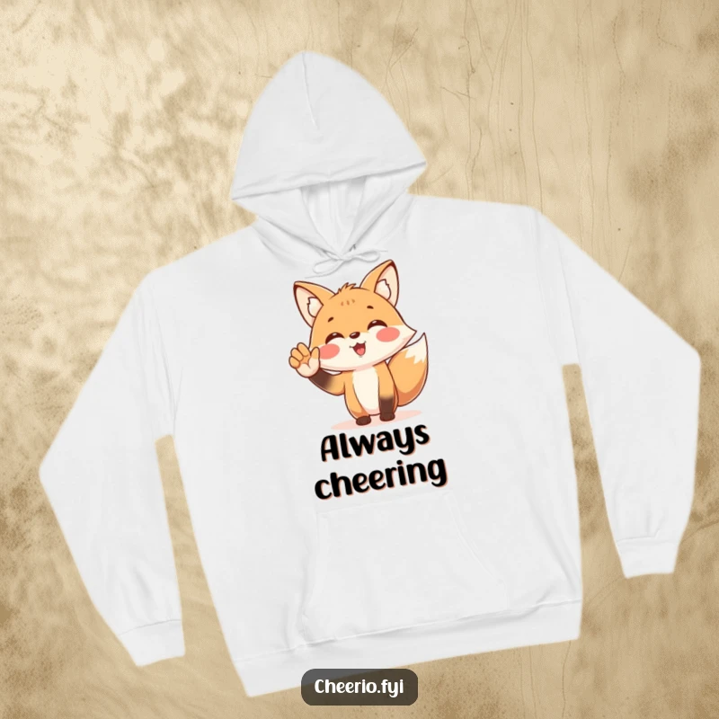 Funny hoodie designed with an energetic fox character enthusiastically cheering with a cupped hand, perfect for staying warm and spirited.