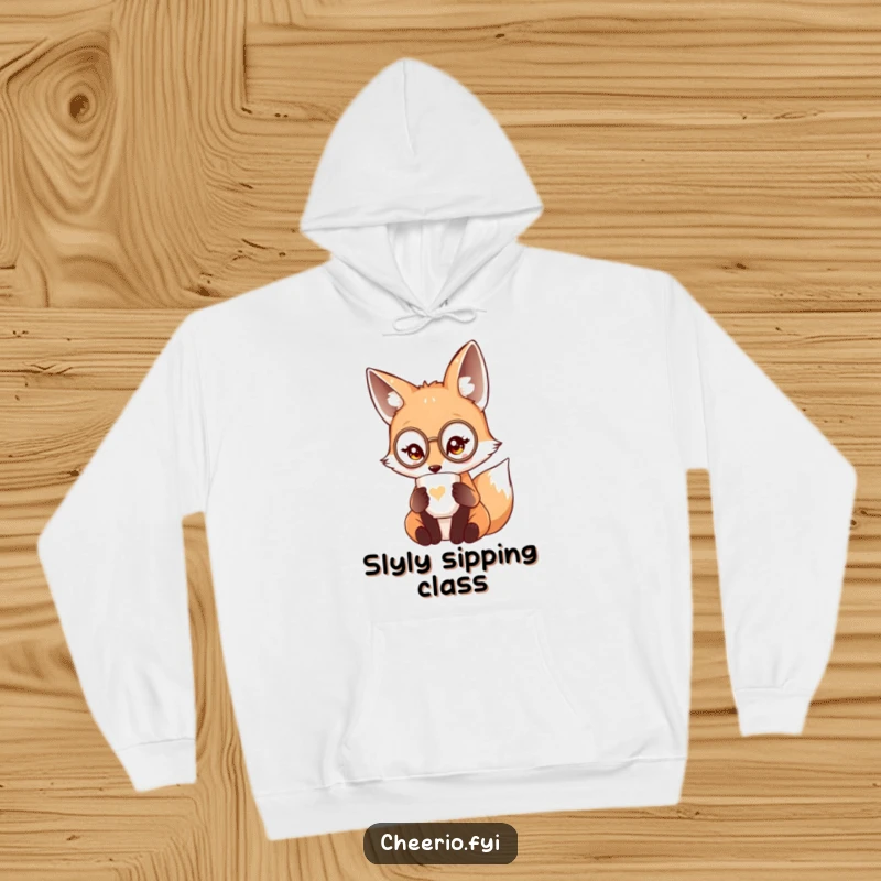 Funny cute fox wearing a miniature monocle sipping tea from a delicate cup, a comfortable hoodie.