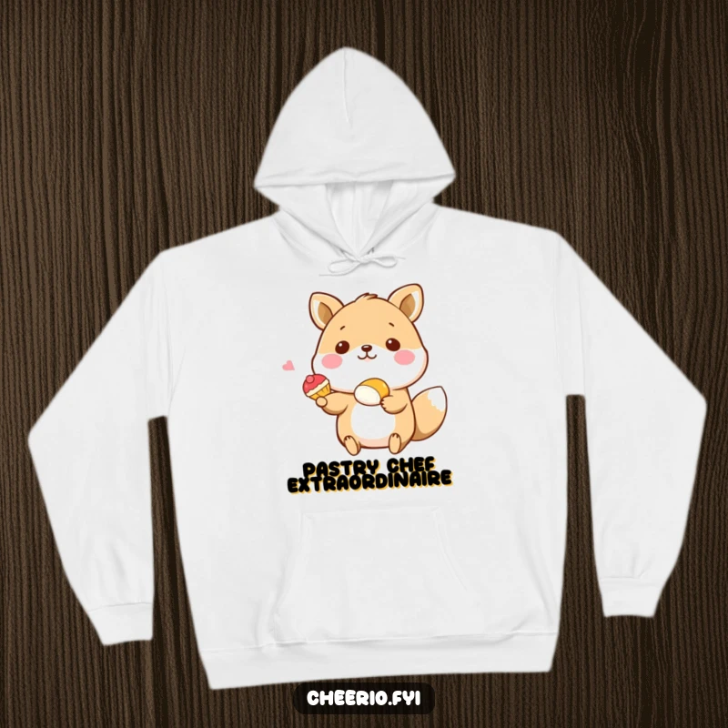Funny hoodie with a happy animal character offering a pastry, providing cozy comfort and a sweet, humorous touch, great funny gift.