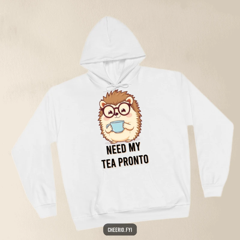 Funny Hedgehog Hoodie: A cheerful hedgehog with spectacles delicately holds a small teacup.