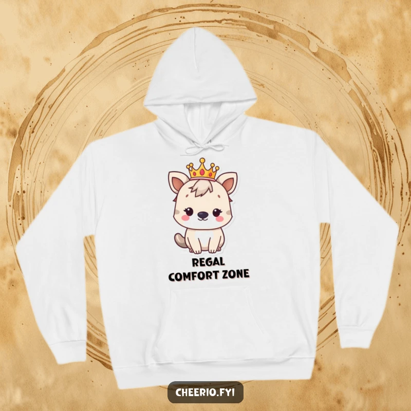 Funny British animal character wearing a small crown, looking regal and cozy, featured on a plush hoodie.