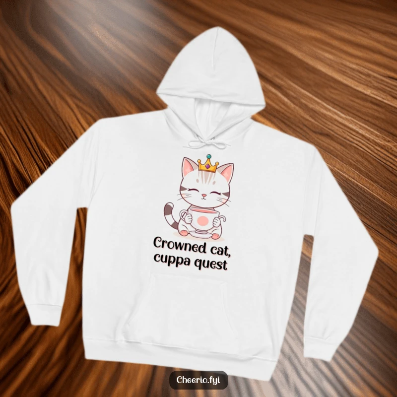 Funny hoodie depicting a cute cat wearing a crown, gazing mystically at a levitating teacup, offering warmth and whimsy.