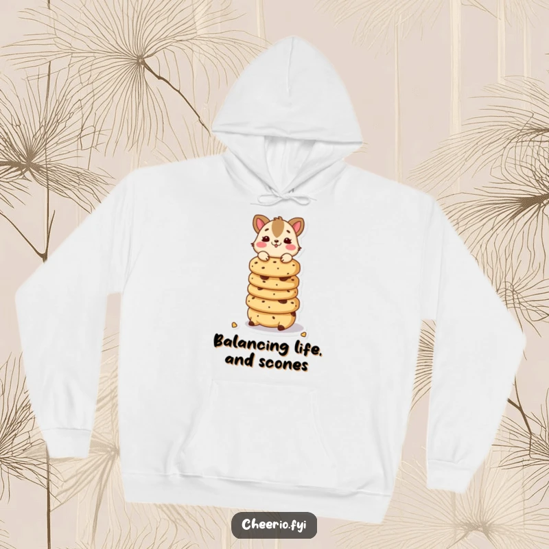 Funny hoodie showcasing a playful animal character balancing a stack of scones, perfect for cozy moments.