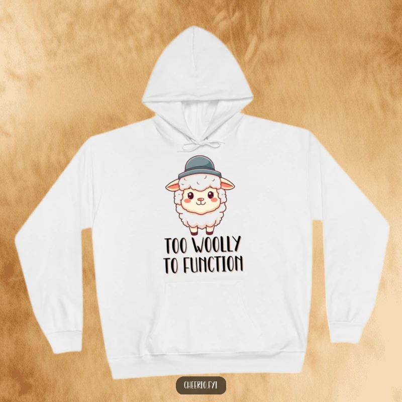 Funny sheep hoodie with a fluffy sheep character wearing a small, neat bowler hat, exuding pure joy and charm.