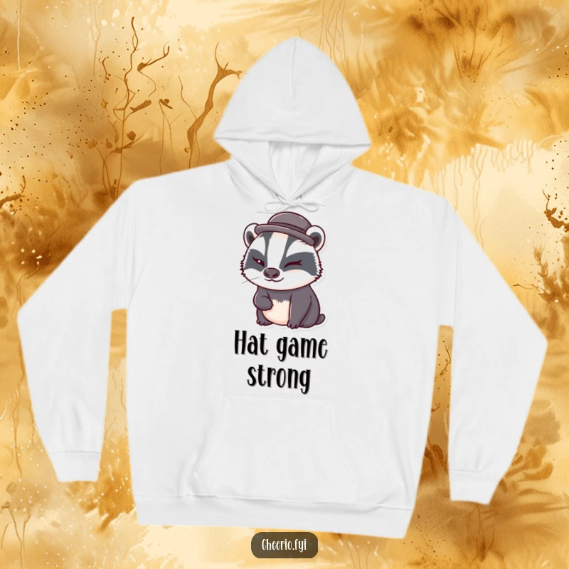 Funny badger wearing a tiny bowler hat winks playfully on a soft hoodie, a warm and humorous gift for all.