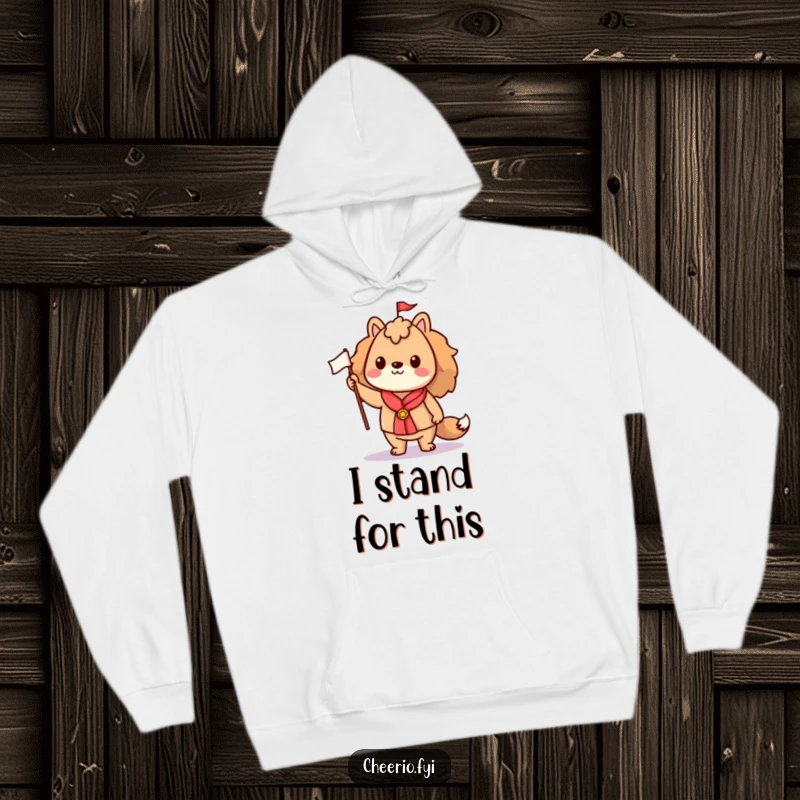 Funny hoodie designed with a proud animal character holding a small flag, perfect for showing spirit and staying warm.