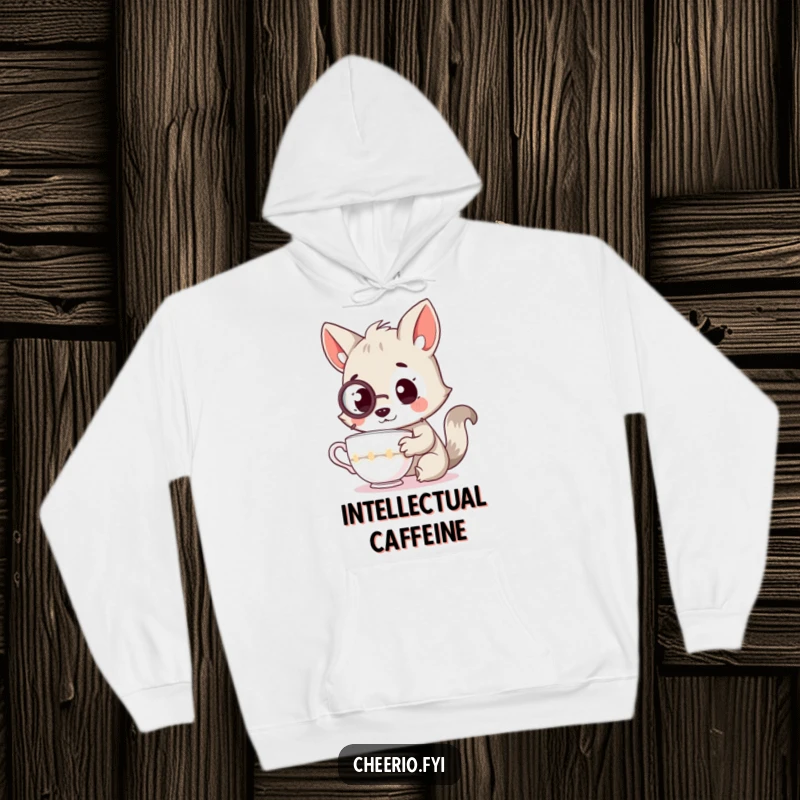 Funny hoodie graphic of a curious animal character adorned with a monocle, attentively inspecting a teacup, exuding intelligence.