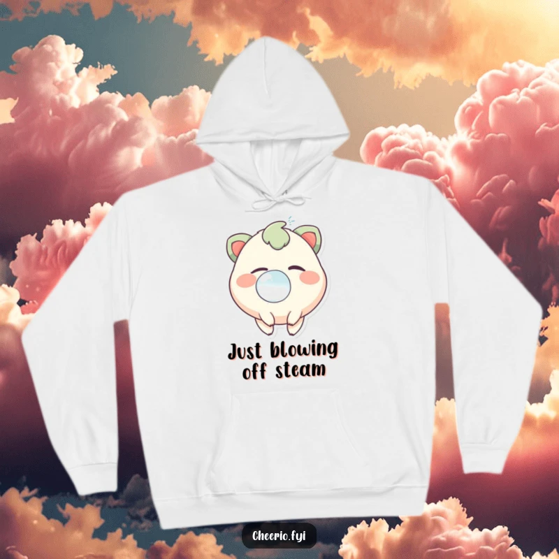 Funny hoodie depicting a charming creature with a knowing twinkle, blowing a whimsical, floating bubble.