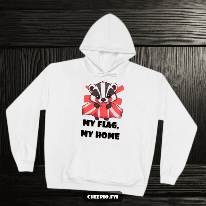 Funny hoodie with a curious badger character peeking out from behind a prominent Union Jack flag, offering a warm embrace.
