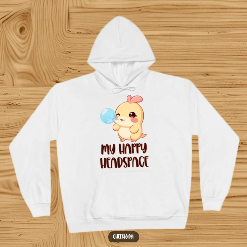 Funny Hoodie showcasing a creature with a twinkling eye, happily blowing a large bubble, offering cozy and cheerful vibes.