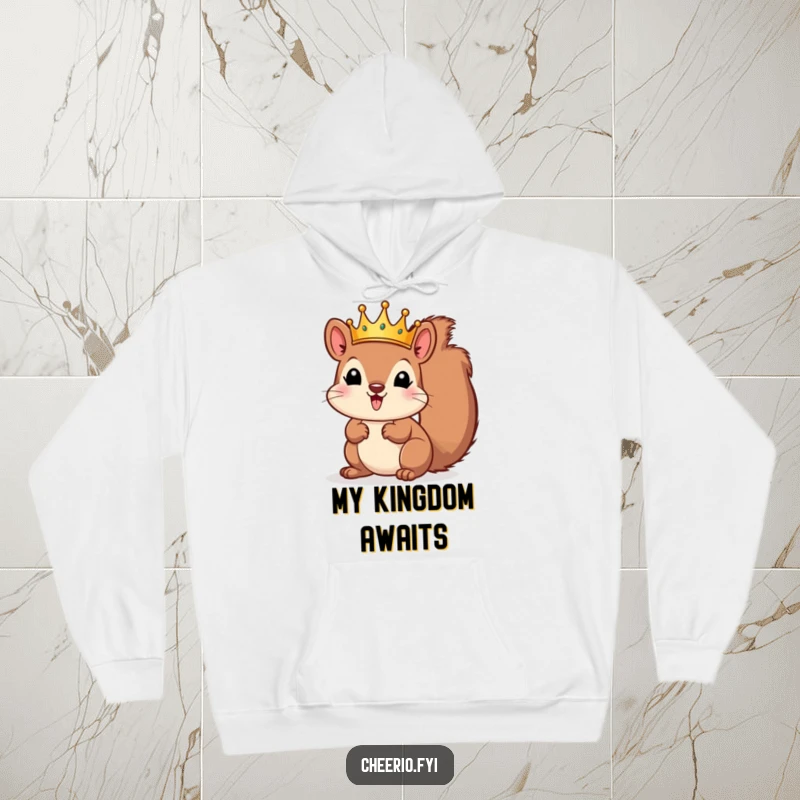Funny squirrel in a tiny crown, exuding playful royalty on a soft, warm hoodie. An awesome funny gift.