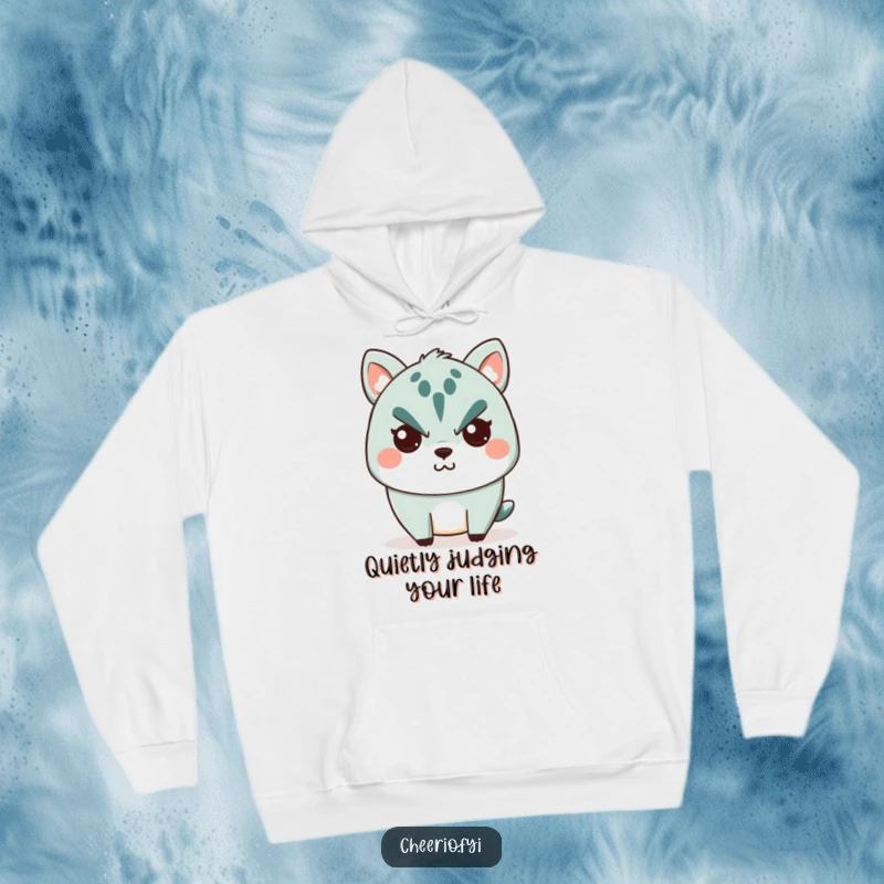 Funny Hoodie: A cute animal character with a stern facade breaking into a tiny, secret smile, offering cozy humor.